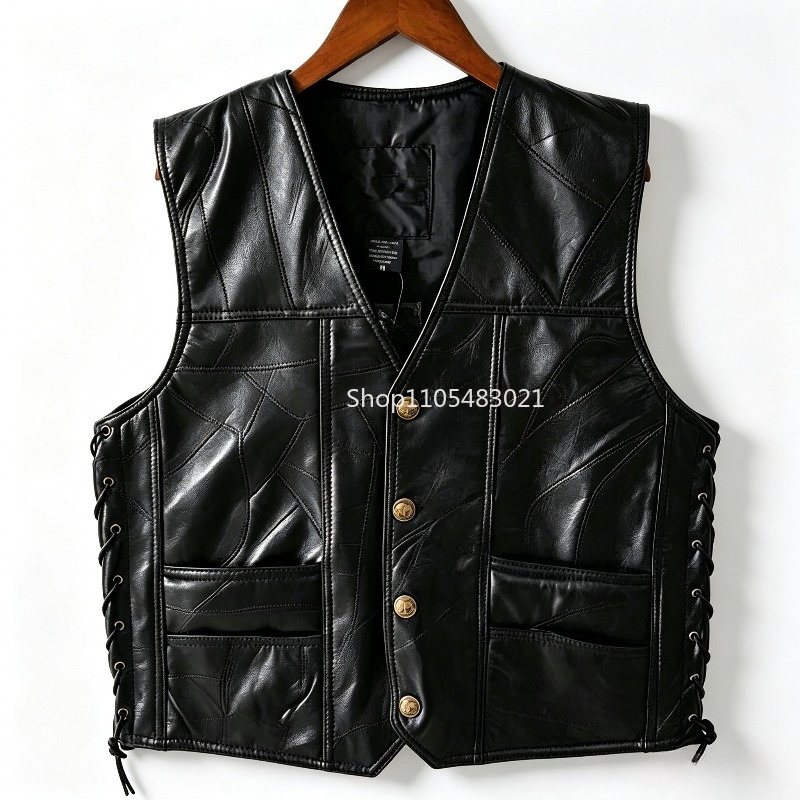 Leather Work Vest - Men's Black Patchwork Leather Biker Vest,