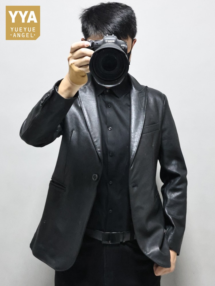Slim Fit Solid Color Men Offic - Leather Work Jacket Mens ulasan dan harga