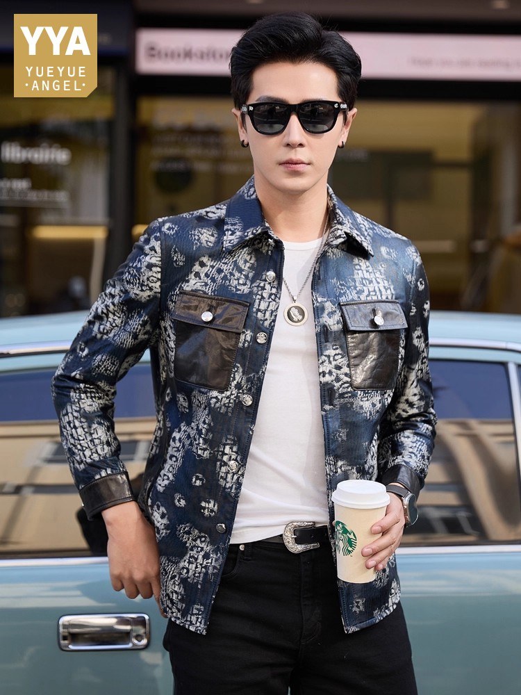 Luxury New Fashion Floral Prin - Leather Work Jacket Mens ulasan dan harga