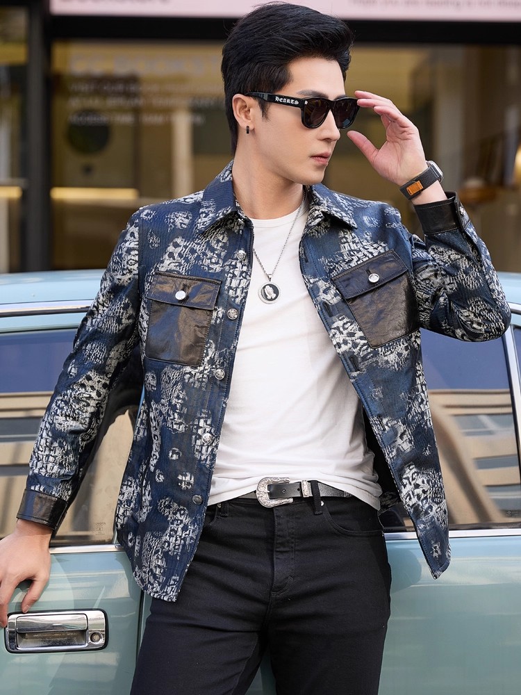Luxury New Fashion Floral Prin - Leather Work Jacket Mens ulasan dan harga