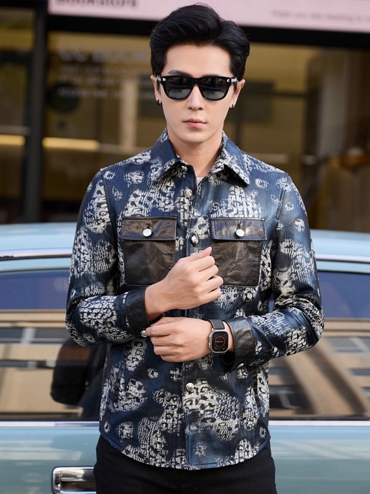 Luxury New Fashion Floral Prin - Leather Work Jacket Mens ulasan dan harga