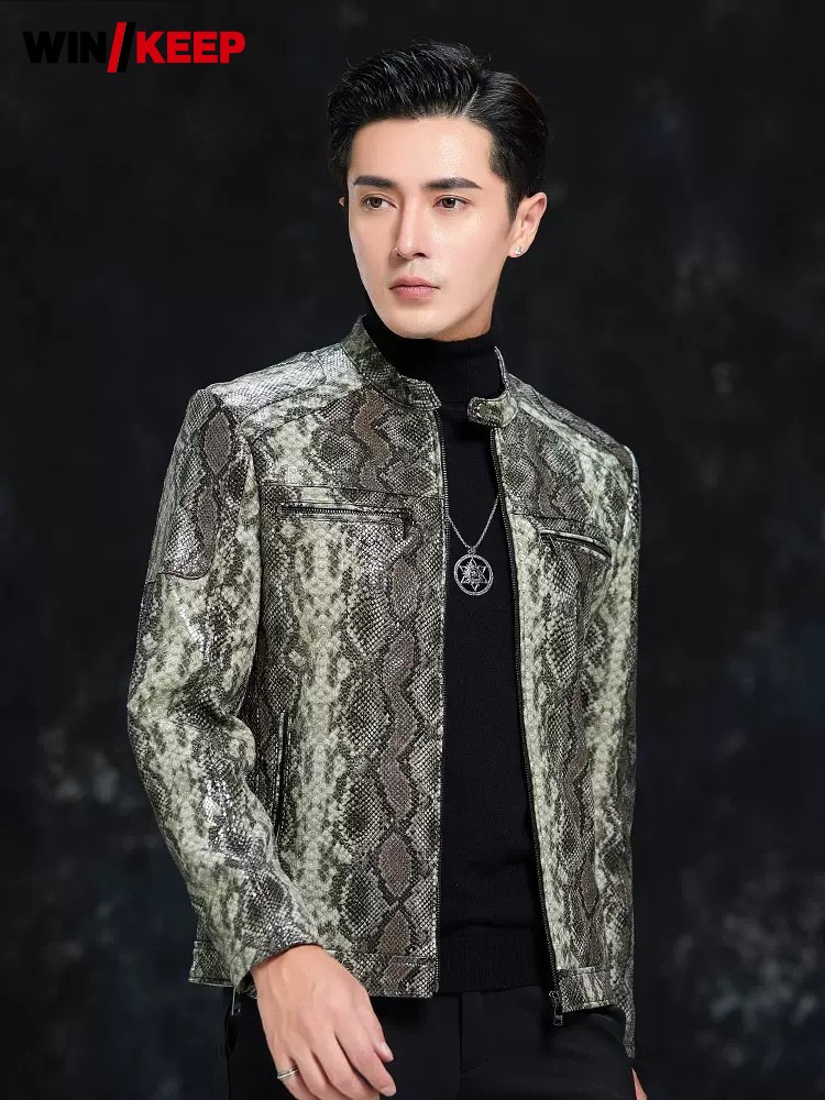 Spring Men Snake Pattern Sheep - Leather Work Jacket Mens ulasan dan harga