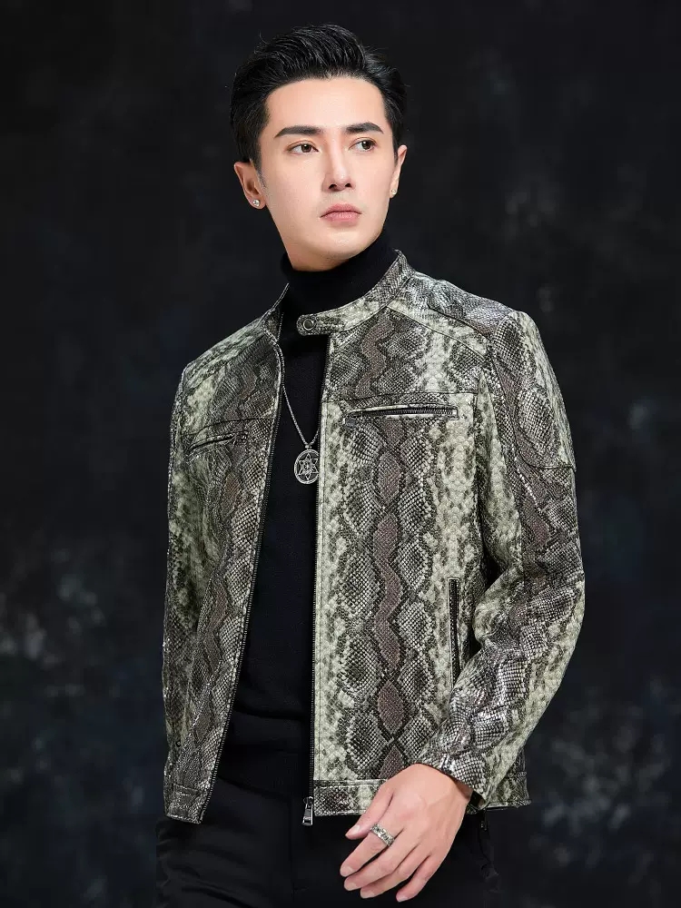 Spring Men Snake Pattern Sheep - Leather Work Jacket Mens ulasan dan harga