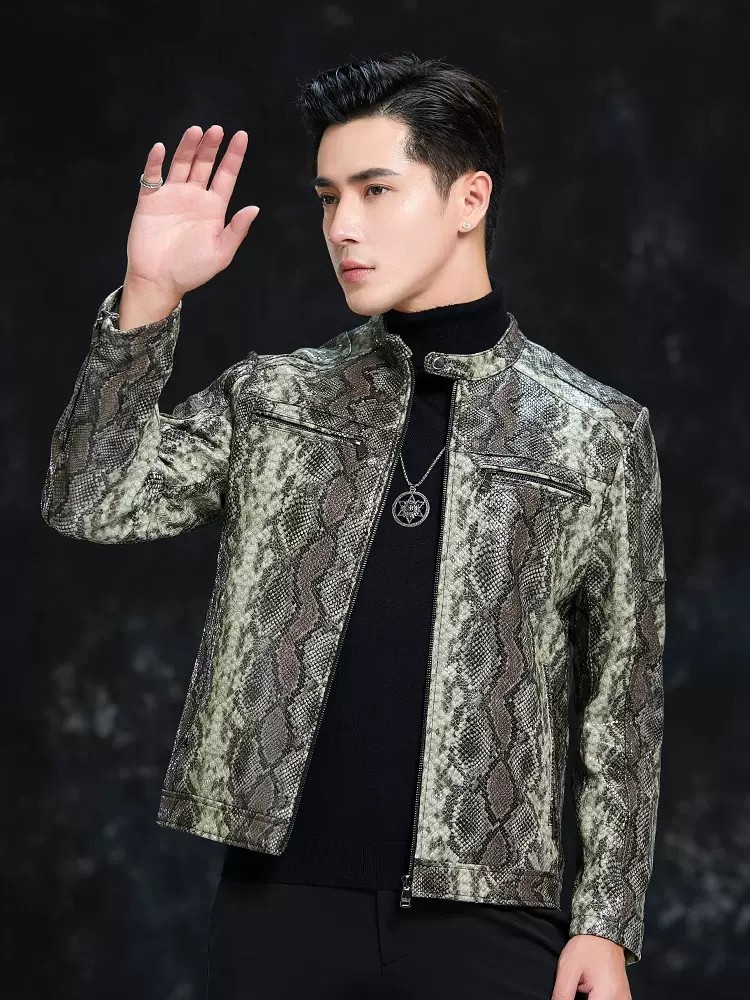 Spring Men Snake Pattern Sheep - Leather Work Jacket Mens ulasan dan harga