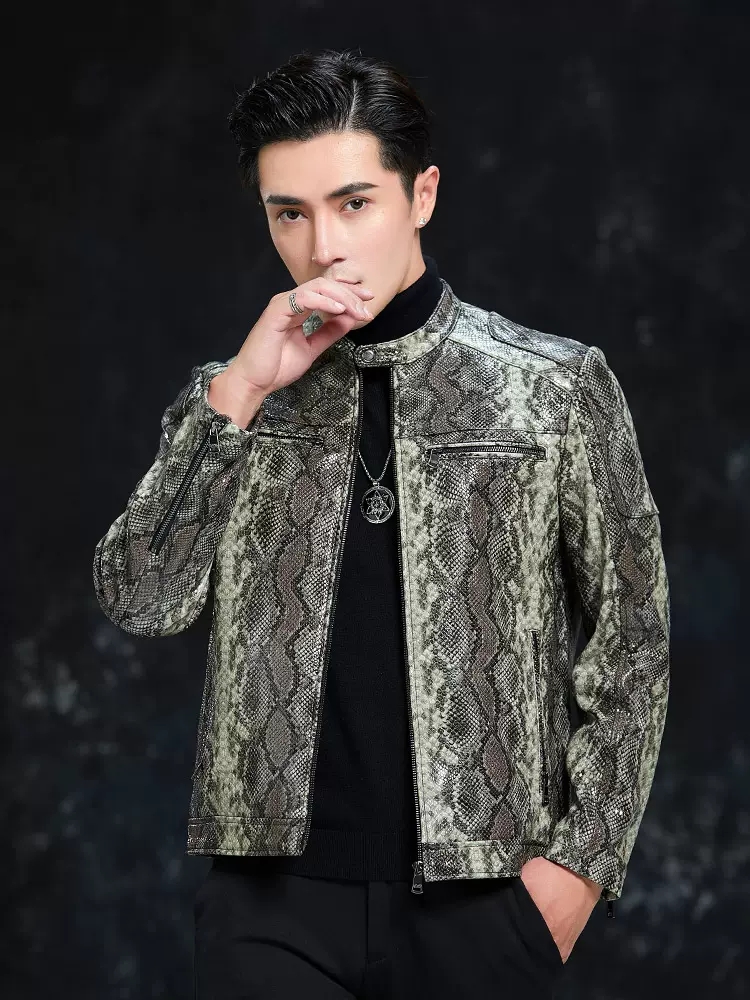 Spring Men Snake Pattern Sheep - Leather Work Jacket Mens ulasan dan harga
