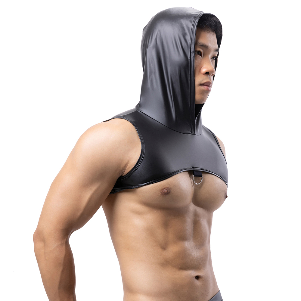 Men Faux Leather Hooded Fitnes - Leather Work Vest ulasan dan harga