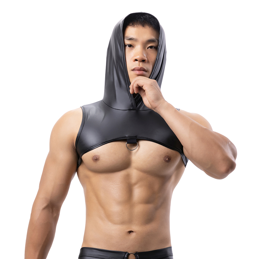 Men Faux Leather Hooded Fitnes - Leather Work Vest ulasan dan harga
